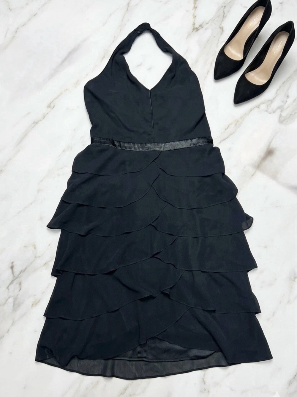 Y2K Vintage Halter Black Cocktail Dress Black Tiered Ruffle Layered Chiffon Med